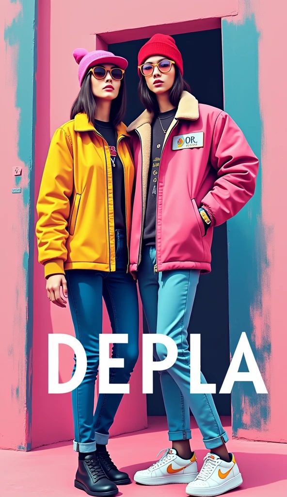 Create a poster image for a high-end fashion shop named 'DEPLA'. The image should be designed as a Facebook cover photo, featuring the word 'DEPLA' prominently in a stylish and vibrant font. The overall design should be youthful and energetic, reflecting a trendy and dynamic fashion style. Use bright and lively colors such as pastel shades or bold contrasts, and include elements like fashionable clothing or accessories that appeal to a younger audience. The style should be modern and fresh, capturing the spirit of a youthful, high-end fashion brand.