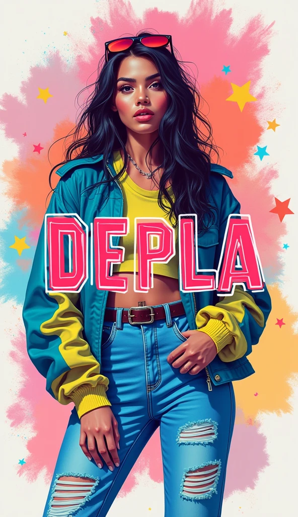 Create a poster image for a high-end fashion shop named 'DEPLA'. The image should be designed as a Facebook cover photo, featuring the word 'DEPLA' prominently in a stylish and vibrant font. The overall design should be youthful and energetic, reflecting a trendy and dynamic fashion style. Use bright and lively colors such as pastel shades or bold contrasts, and include elements like fashionable clothing or accessories that appeal to a younger audience. The style should be modern and fresh, capturing the spirit of a youthful, high-end fashion brand.