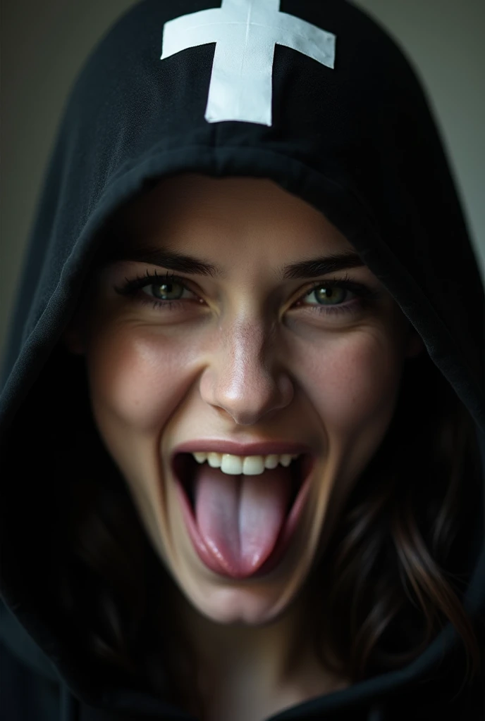 Close-up portrait of a young woman with a rebellious and defiant expression. His face is in the foreground, softly and dimly lit, highlighting her light skin. He wears a black hood that covers most of his head., leaving only his mouth and tongue visible. About the hood, A white cross stands out at the top, contrasting with the dark fabric. the woman has her mouth open, showing a wide, provocative smile while sticking her tongue out, creating a bold and defiant effect. The light is subtle, with soft shadows that add a dramatic touch to the face and hood. The style is hyperrealistic, capturing the details of the fabric texture, Shiny teeth and wet tongue,The hood covers his eyes and nose,only the mouth visible