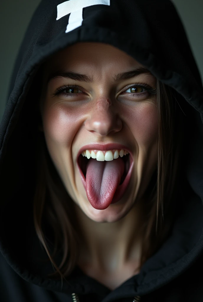 Close-up portrait of a young woman with a rebellious and defiant expression. His face is in the foreground, softly and dimly lit, highlighting her light skin. He wears a black hood that covers most of his head., leaving only his mouth and tongue visible. About the hood, A white cross stands out at the top, contrasting with the dark fabric. the woman has her mouth open, showing a wide, provocative smile while sticking her tongue out, creating a bold and defiant effect. The light is subtle, with soft shadows that add a dramatic touch to the face and hood. The style is hyperrealistic, capturing the details of the fabric texture, Shiny teeth and wet tongue,The hood covers his eyes and nose,only the mouth visible
