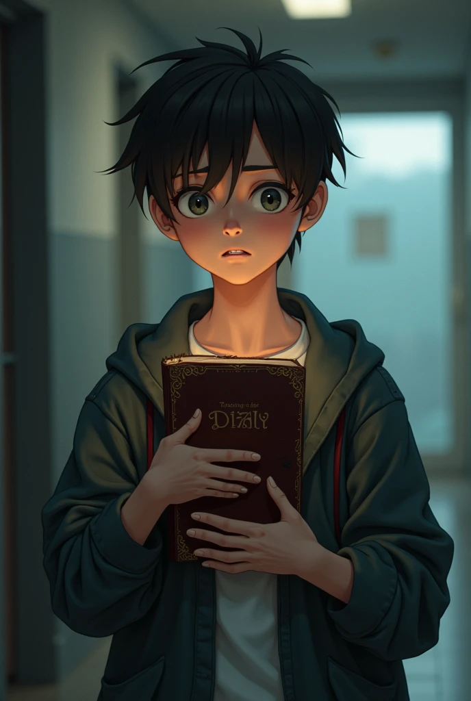 Generate a image where a high****** boy is holding a diary of secrets