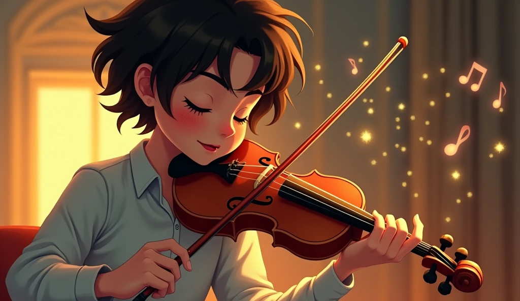 V is for Violin, playing songs that fly:
"A close-up of a violin being played by a cartoon musician, with notes swirling around as music fills the air, set in a softly lit room."