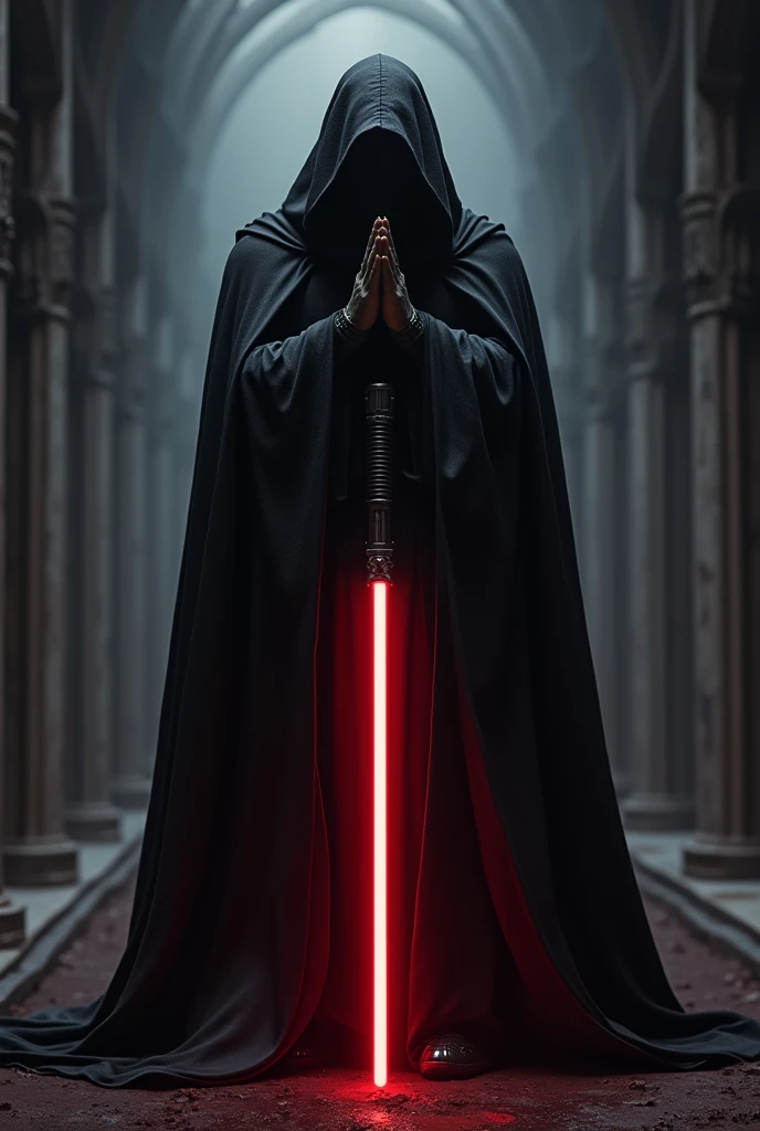 Sith Lord from Star Wars, bowing with both hands together,no Person but anything Else, dark atmosphere, red lightsaber, scary, frightening, ultra-realistic