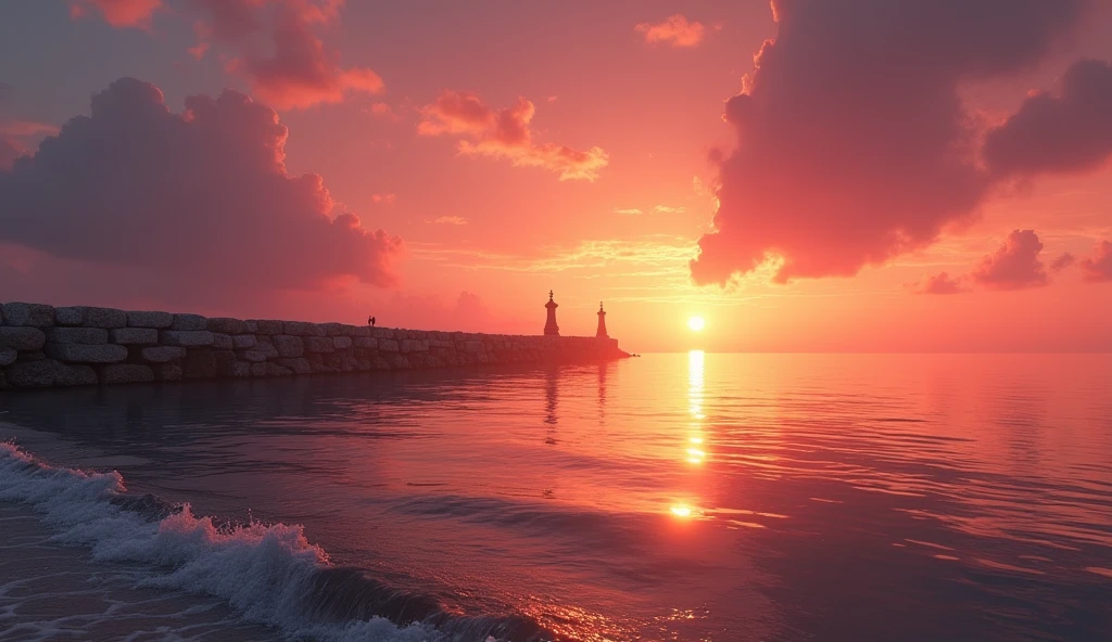Generate realistic cinematic and 3d cartoon styles image "A serene sunset over the Ram Setu, with the sky ablaze in orange and pink hues, reflecting on the calm waters of the ocean."