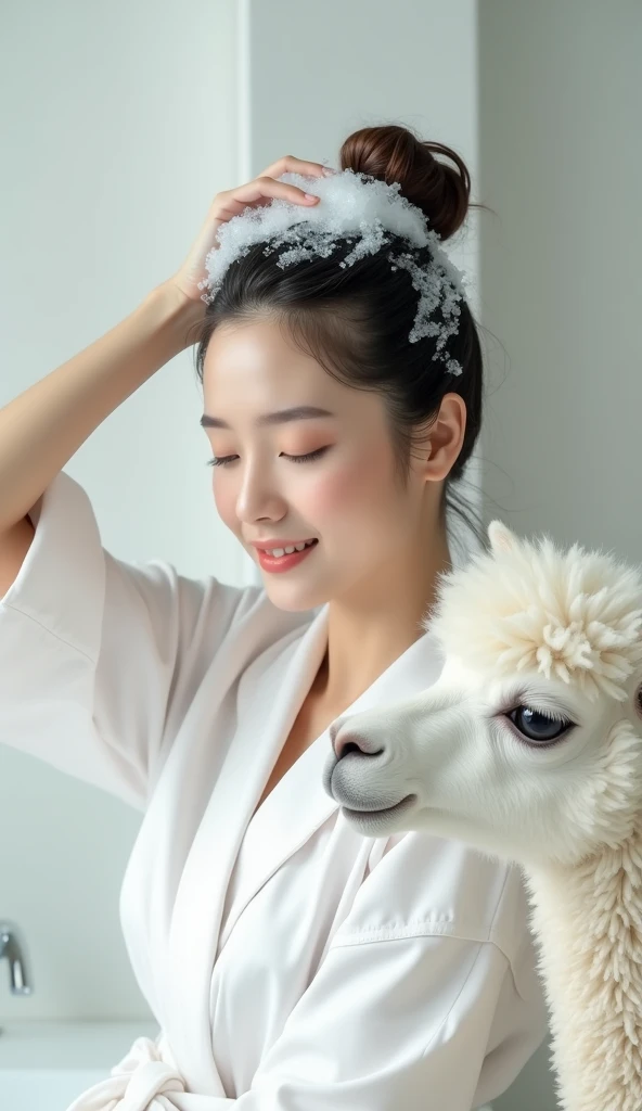 Create an Asian beauty，Standing on the ground，Hair in a bun，Beautiful beautiful big eyes，Regular facial features，Wearing a white satin bathrobe，Scratch your scalp with both hands，Two hands washing hair on top of head，There is a lot of real white foam and water on the hair，Foam wrap head，Real bubbles，Open your eyes，The expression is happy，The characters are realistic and realistic，There is a pure white cute alpaca next to it，Alpaca sticking out tongue is very cute，Pure white high-end bathroom background，Character front position，9:16 frames，Ultra-high-definition picture quality