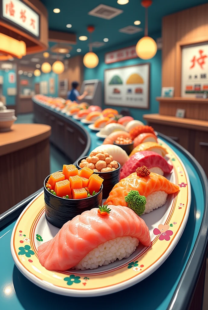 Illustration of a conveyor belt sushi restaurant with plates lined up　The sushi is served on a large, cutely designed plate, placed sideways.