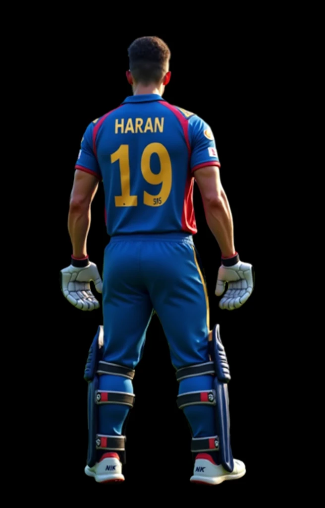 Give me a blue jersey with INDIA written on the back of the jersey and a cricket player throwing the ball in white sneakers from behind,Show back,顶光drop shadow, anaglyph, stereogram, tachi-e, ass pov, atmospheric perspective, 8k, super detail, best quality