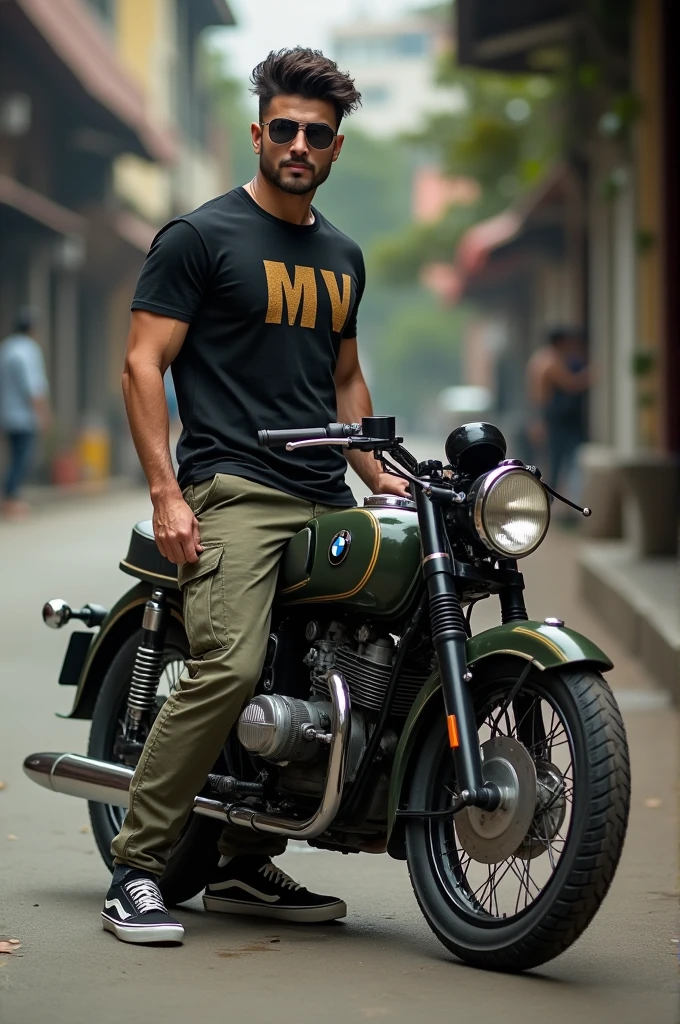 Brown skinned Indonesian man wearing sunglasses, with world war two army hairstyle, he stands next to a classic 1966 bmw motorcycle, He was wearing a black t-shirt with the letters MV written in gold., wearing army green cargo pants, wearing vans of the wall shoes