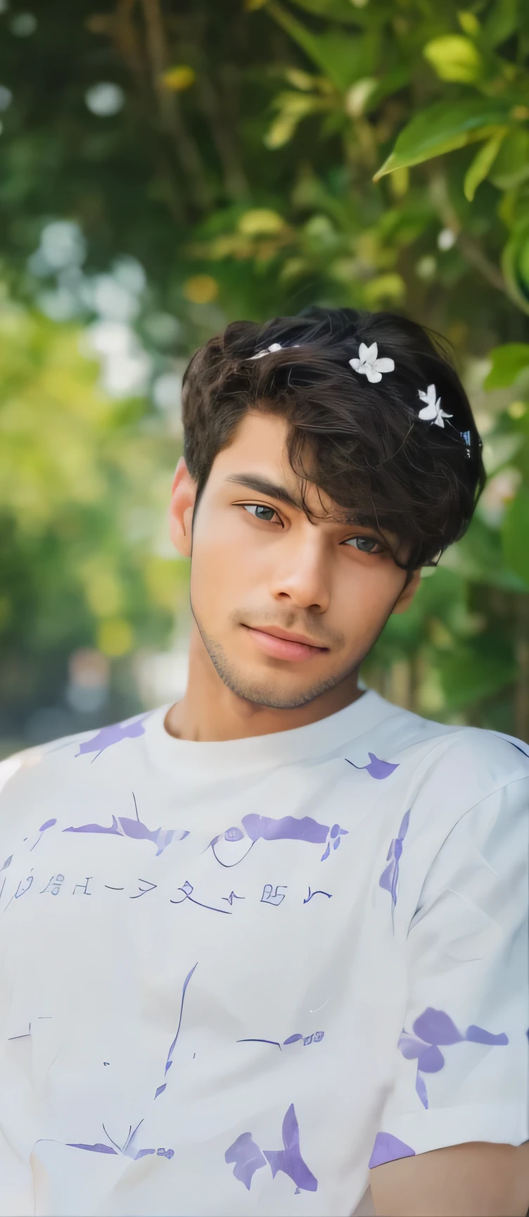 A man with a flower in his hair stands in front of a blurred background. He has a white shirt with purple writing on it and a purple print on his shoulder.