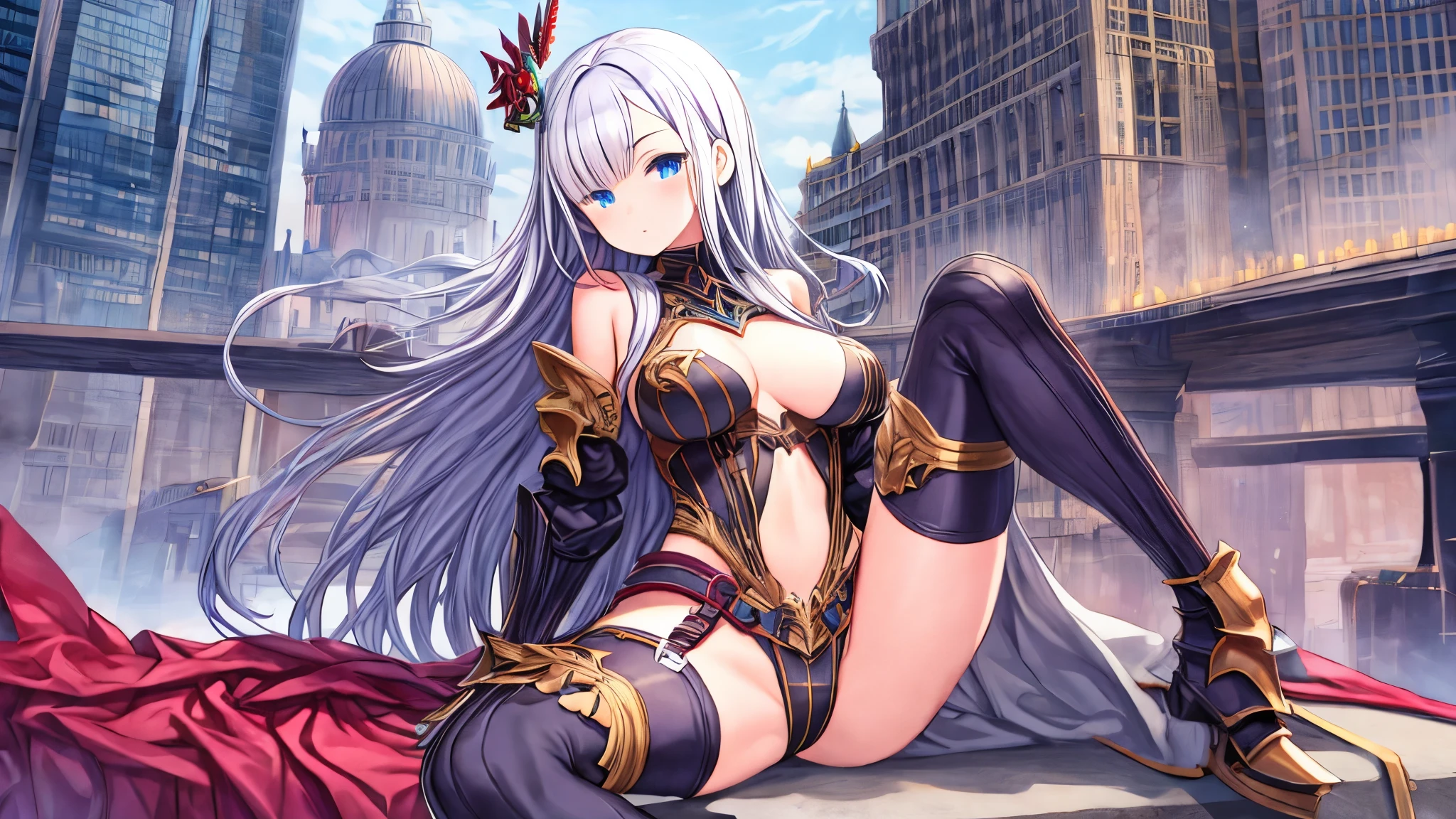 fantasy, 1girl,young_, ,silver_hair, short_hair, long_bangs, bare_shoulder,thighhighs,silver_armor, waist_armor, large_breasts,half_eyes,floating, bare_crotch, headgear,gauntlet, greaves,city_background,slightly_spread_legs, solo, groin_naked,hair_over_one_eye,rise_knee,rise_leg,