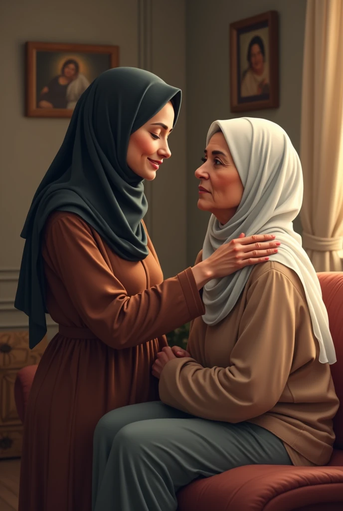 A Muslim girl massaging the shoulders of her elderly mother who wore a veil over her hair