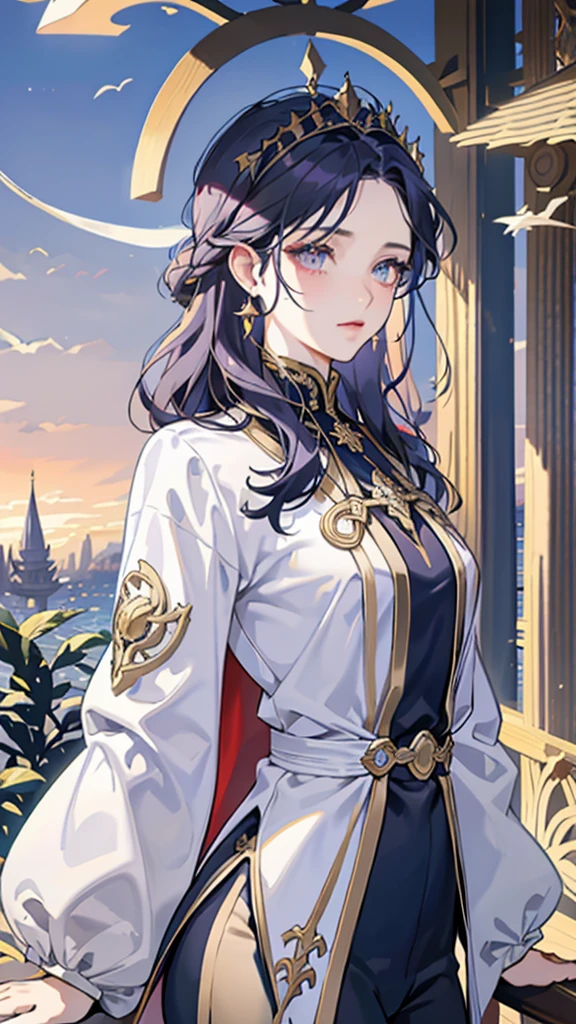 There are pavilions in the background,Dark blue whale in the middle ground,Prospect for a person,Has dark purple hair,Up half of hair,gold gemstone tiara,Side parted bangs,Pupils are light purple,The upper body is wearing a wizard costume,The lower body is suit pants,Have a cloak,Looks warm, kind and capable