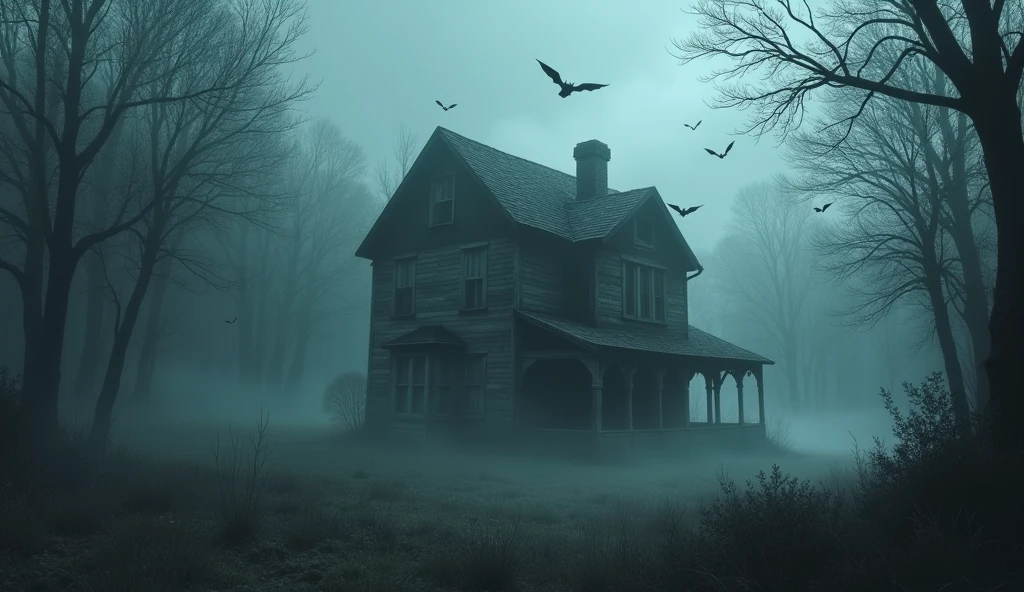 an empty house in the middle of the forest with a sense of horror, you can see the fog surrounding and bats flying