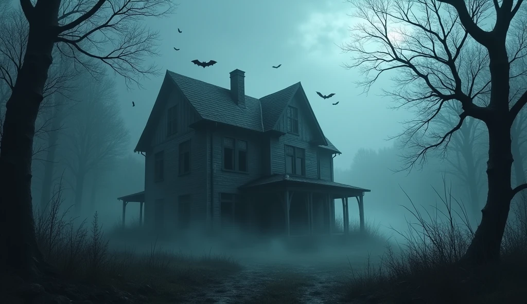an empty house in the middle of the forest with a sense of horror, you can see the fog surrounding and bats flying