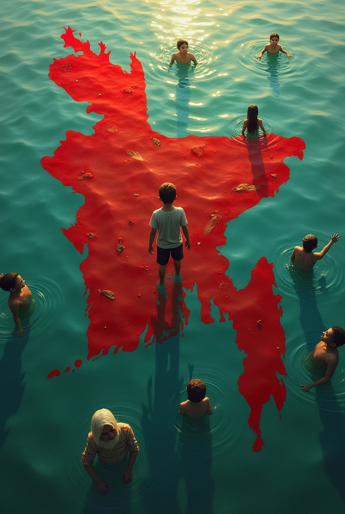 I want to create flooded bangladesh surreal art,red bangaldeshi map and background covered by Bangladeshi flooded innocent children and animals 