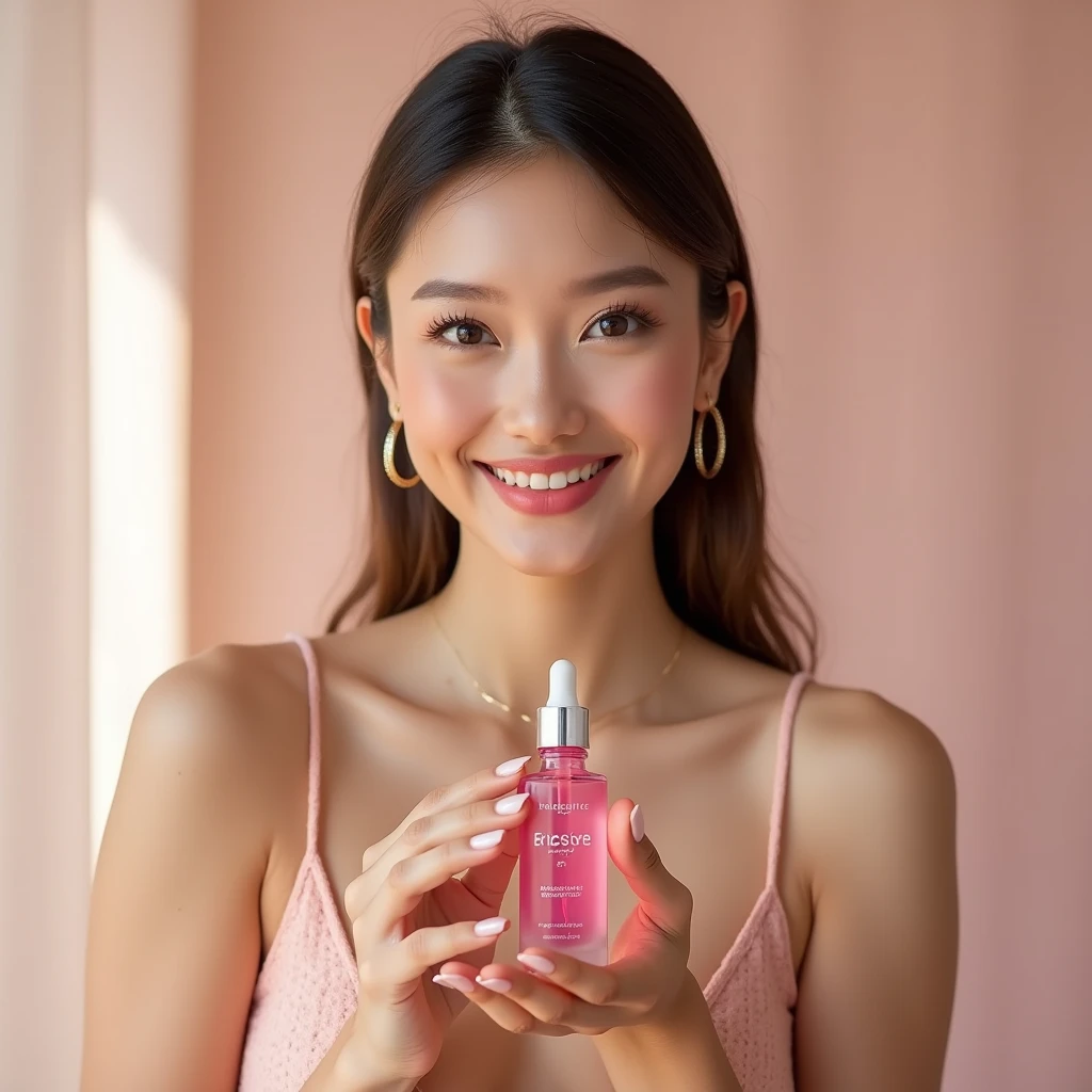 Beautiful model, holding 30 ml skin serum in hands,pink , 30ml, creative photoshoot