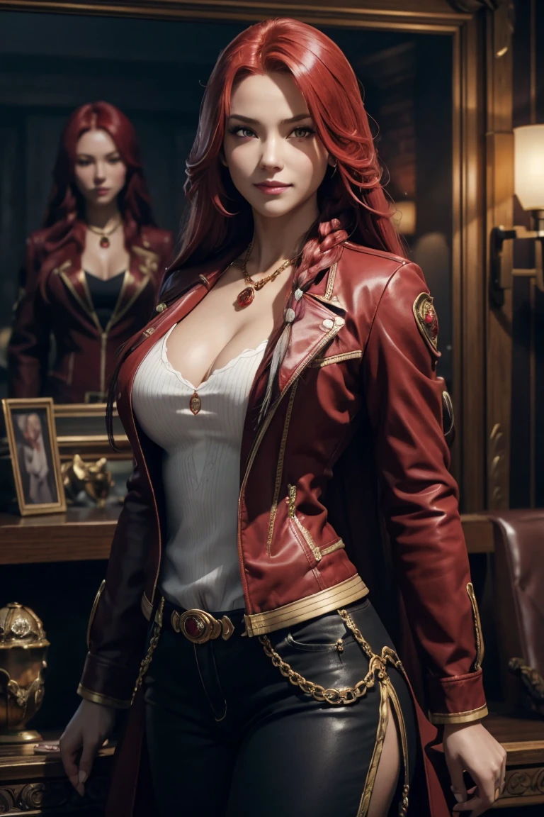 I want to be a powerful figure behind the scenes！,Iris Midgar,Red hair,long hair,Outside flip,with a single braid on one side only,Red eyes,Red Eyes,Beautiful white skin,Black and gold jacket,Black shirt,White long pants,Sapphire necklace,Photorealistic,Ultra HD,high quality,masterpiece,Digital SLR,Detailed details,Intricate details,Anatomical basis,Depicted in detail,A detailed face,Realistic skin texture,Vivid details,Perfect Anatomy,Perfect Anatomy,Anatomically correct hand,Anatomically correct fingers,Super Detail,Complex 3D rendering,The worldview of a fantasy with sexy poses,In the great outdoors,Petals of roses dance,Picturesque,Pink Lips,smile,