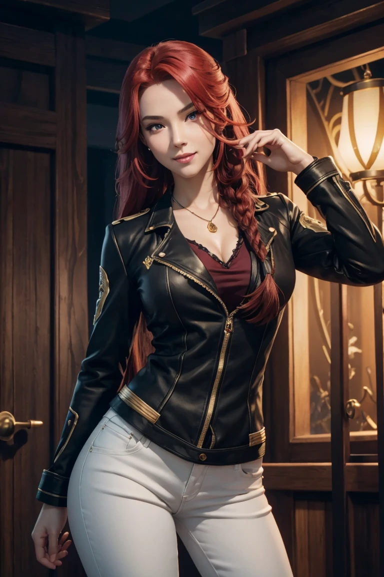 I want to be a powerful figure behind the scenes！,Iris Midgar,Red hair,long hair,Outside flip,with a single braid on one side only,Red eyes,Red Eyes,Beautiful white skin,Black and gold jacket,Black shirt,White long pants,Sapphire necklace,Photorealistic,Ultra HD,high quality,masterpiece,Digital SLR,Detailed details,Intricate details,Anatomical basis,Depicted in detail,A detailed face,Realistic skin texture,Vivid details,Perfect Anatomy,Perfect Anatomy,Anatomically correct hand,Anatomically correct fingers,Super Detail,Complex 3D rendering,The worldview of a fantasy with sexy poses,In the great outdoors,Petals of roses dance,Picturesque,Pink Lips,smile,