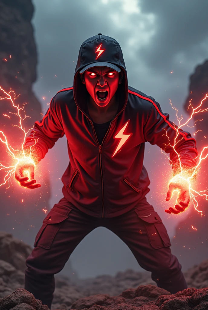 Malaysia man. real age age . 20 Malaysia Indonesia. (Red eyes)Glowing eyes red. Anger face. Open mouth . wearing an (black red) black red design thunder zip-up shirt. Hoodie. Black red lightning design .thunders red design shirt, (black red) red black stripe cap with small(thunder red) logo, detailed face. Glowing eyes.. black cargo pant , cinematic lighting, dramatic atmosphere, vibrant colors, 8k, high quality, photorealistic. Hero suit. ((Two lightning thunder red shape. Red thunder everywhere. Dark sky. .jeans pants. Very strong. Future design dress. Very epic. Thunder red everywhere. Shaking photography effect. Floating rock everywhere. Windy day. Raining day. Cracking road.