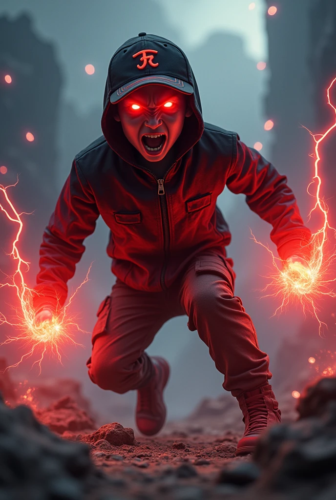 Malaysia man. real teenage age . 17 Malaysia Indonesia. (Red eyes)Glowing eyes red. Anger face. Open mouth . wearing an (black red) black red design thunder zip-up shirt. Hoodie. Black red lightning design .thunders red design shirt, (black red) red black stripe cap with small(thunder red) logo, detailed face. Glowing eyes.. black cargo pant , cinematic lighting, dramatic atmosphere. Holding thunder logo on hand, vibrant colors, 8k, high quality, photorealistic. . Hero suit.. red thunder ball come out from hand ((Two lightning thunder red shape. Red black pant stripe thunder. Red thunder everywhere. Dark sky. .jeans pants. Very strong.two hand glowing lightning strike power red . Future design dress. Very epic. Thunder redeverywhere. Shaking photography effect. Floating rock everywhere. . Cracking road