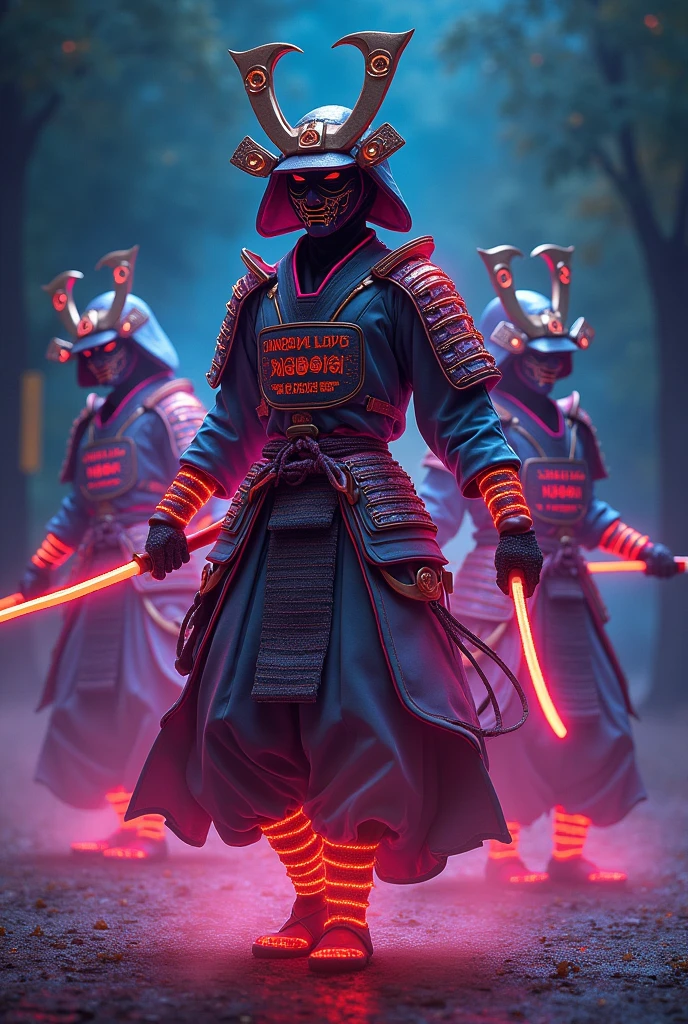 ((Highest quality)), ((masterpiece)), (detailed), Several Samurai、Cute mask、Fantasy、Glows in fluorescent colors、night、Hop on Outfits