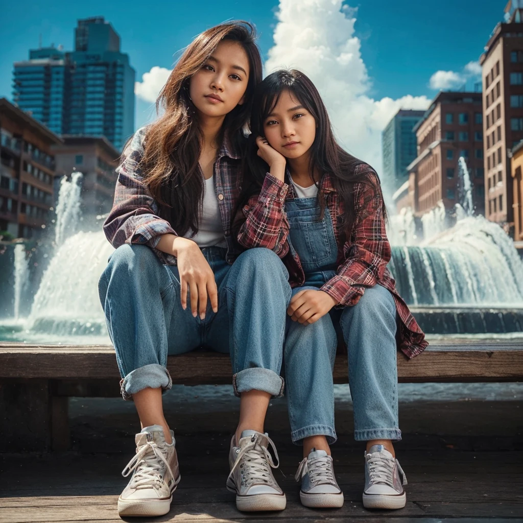 real potrait, full body, long shot, seorang wanita asia rambut panjang dan seorang anak kecil perempuan umur 10 tahun rambut panjang, memakai flannel, memakai jeans, memakai sneaker, duduk di bangku taman, sebuah air mancur dibelakang mereka, langit biru cerah, warna cerah menawan