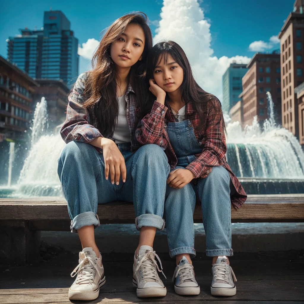 real potrait, full body, long shot, seorang wanita asia rambut panjang dan seorang anak kecil perempuan umur 10 tahun rambut panjang, memakai flannel, memakai jeans, memakai sneaker, duduk di bangku taman, sebuah air mancur dibelakang mereka, langit biru cerah, warna cerah menawan