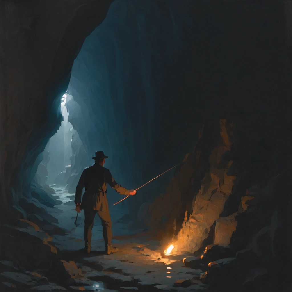 A man exploring a dark cave with a torch, classicism