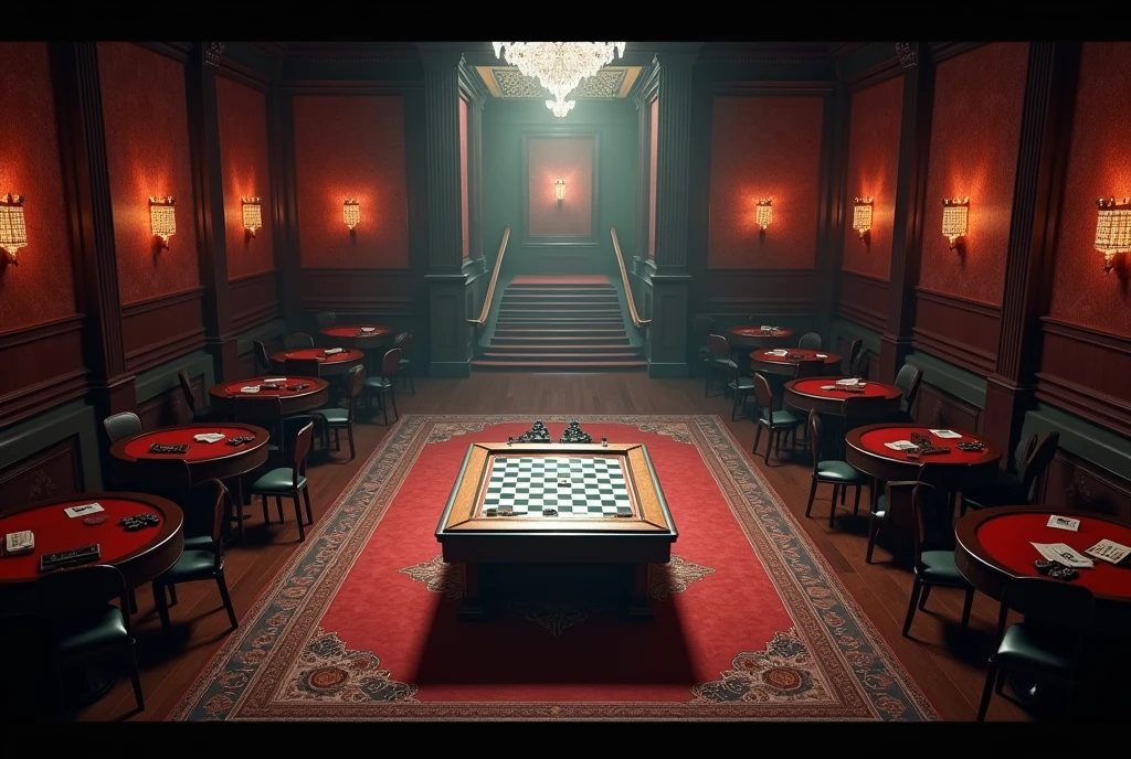 Bird's-eye view,Parallel angle of view,Dimly lit casino, The horizontal wooden floor is covered with a fine carpet,Chess table, No man's scene, Game Art, (Coherent architecture and interior, With realistic proportions and textures, Intricate details, Hand Painted, Energetic, Movie Lighting, masterpiece, 8K)