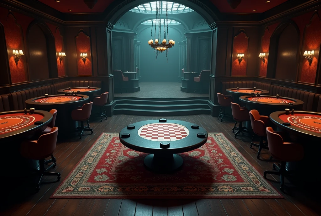 Bird's-eye view,Parallel angle of view,Dimly lit casino, The horizontal wooden floor is covered with a fine carpet,Chess table, No man's scene, Game Art, (Coherent architecture and interior, With realistic proportions and textures, Intricate details, Hand Painted, Energetic, Movie Lighting, masterpiece, 8K)