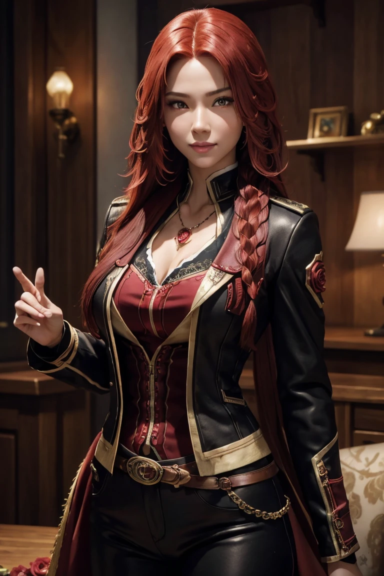 I want to be a powerful figure behind the scenes！,Iris Midgar,Red hair,long hair,Outside flip,with a single braid on one side only,Red eyes,Red Eyes,Beautiful white skin,Black and gold jacket,Black shirt,White long pants,Sapphire necklace,Photorealistic,Ultra HD,high quality,masterpiece,Digital SLR,Detailed details,Intricate details,Anatomical basis,Depicted in detail,A detailed face,Realistic skin texture,Vivid details,Perfect Anatomy,Perfect Anatomy,Anatomically correct hand,Anatomically correct fingers,Super Detail,Complex 3D rendering,The worldview of a fantasy with sexy poses,In the great outdoors,Petals of roses dance,Picturesque,Pink Lips,smile,