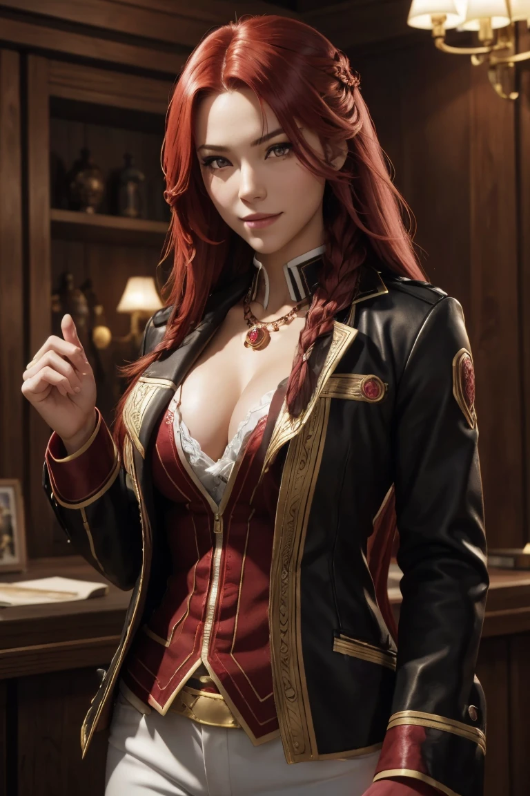 I want to be a powerful figure behind the scenes!,Iris Midgar,Red hair,long hair,Outside flip,with a single braid on one side only,Red eyes,Red Eyes,Beautiful white skin,Black and gold jacket,Black shirt,White long pants,Sapphire necklace,Photorealistic,Ultra HD,high quality,masterpiece,Digital SLR,Detailed details,Intricate details,Anatomical basis,Depicted in detail,A detailed face,Realistic skin texture,Vivid details,Perfect Anatomy,Perfect Anatomy,Anatomically correct hand,Anatomically correct fingers,Super Detail,Complex 3D rendering,The worldview of a fantasy with sexy poses,In the great outdoors,Petals of roses dance,Picturesque,Pink Lips,smile,