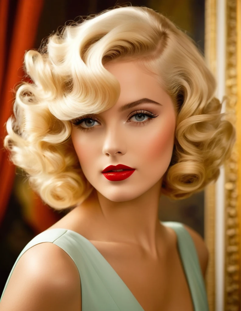A stunningly alluring 25-year-old woman with a captivatingly curly platinum blonde bob and elegant bangs exudes classic Hollywood glamour reminiscent of the 1950s. Her full-length figure embodies timeless beauty and sophistication. This striking portrait, whether a painting or photograph, showcases her flawless features and radiant aura. Each detail, from her luscious curls to her glamorous ensemble, is depicted with exquisite precision, capturing the essence of vintage elegance in high definition.