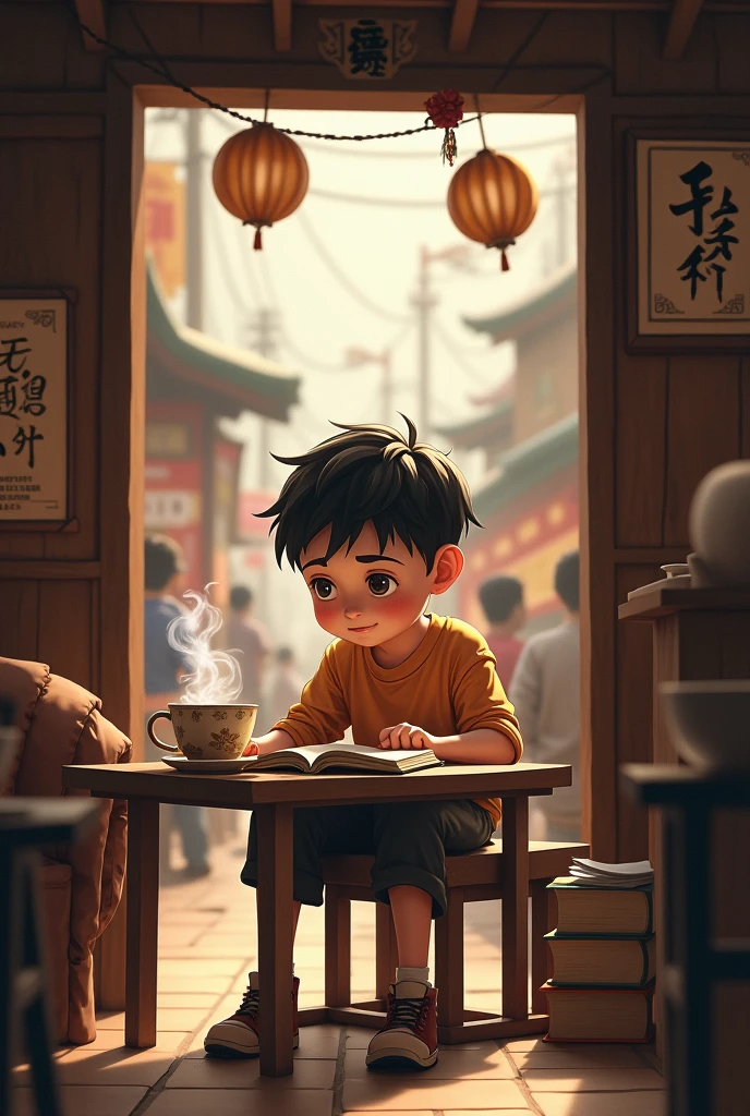 A boy reading a in a tea stall with one cup of tea in his hand
