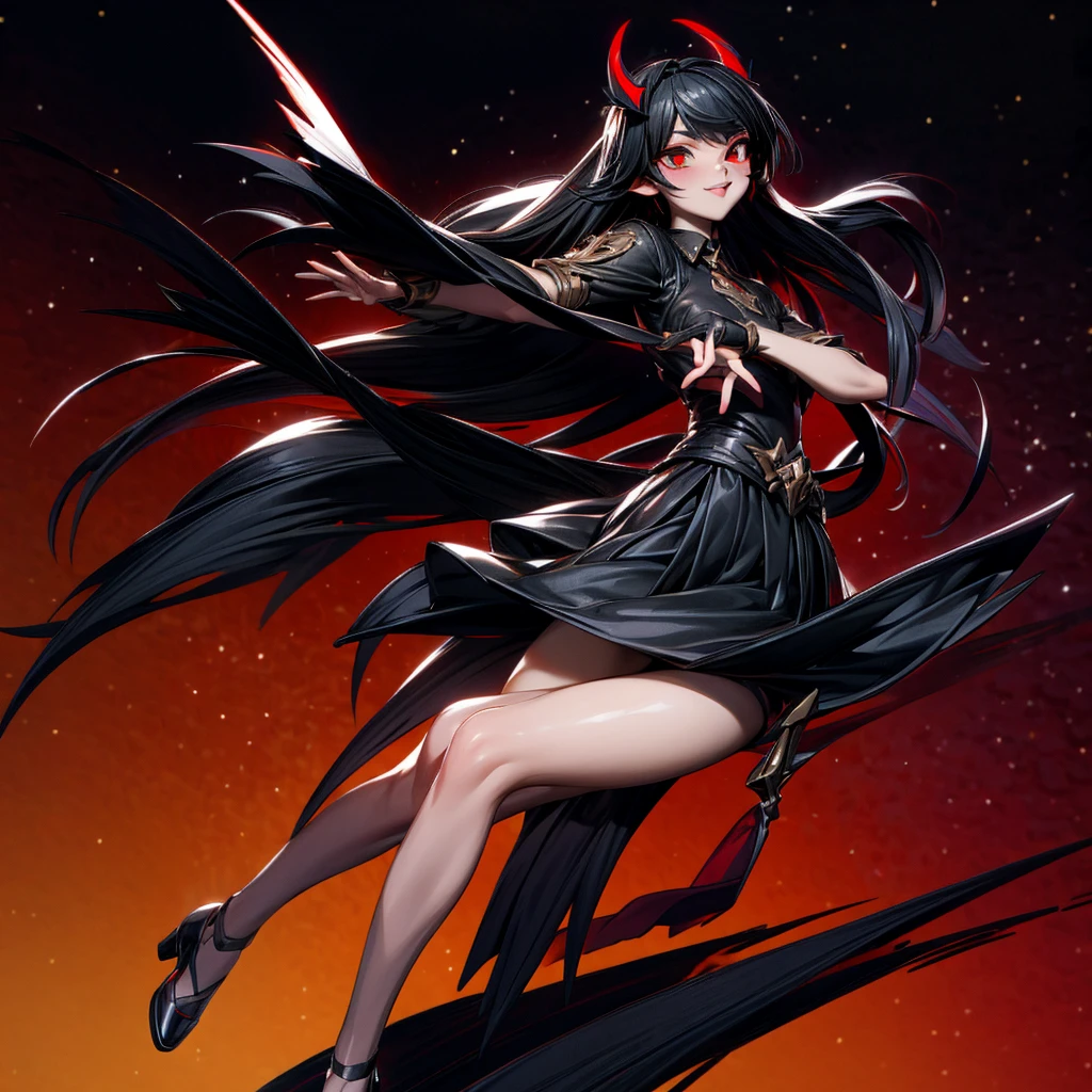 A girl with black hair with a red ribbon, black wings, a long black dress with a gold armband, white horns, black lips, and shiny red sequined shoes.