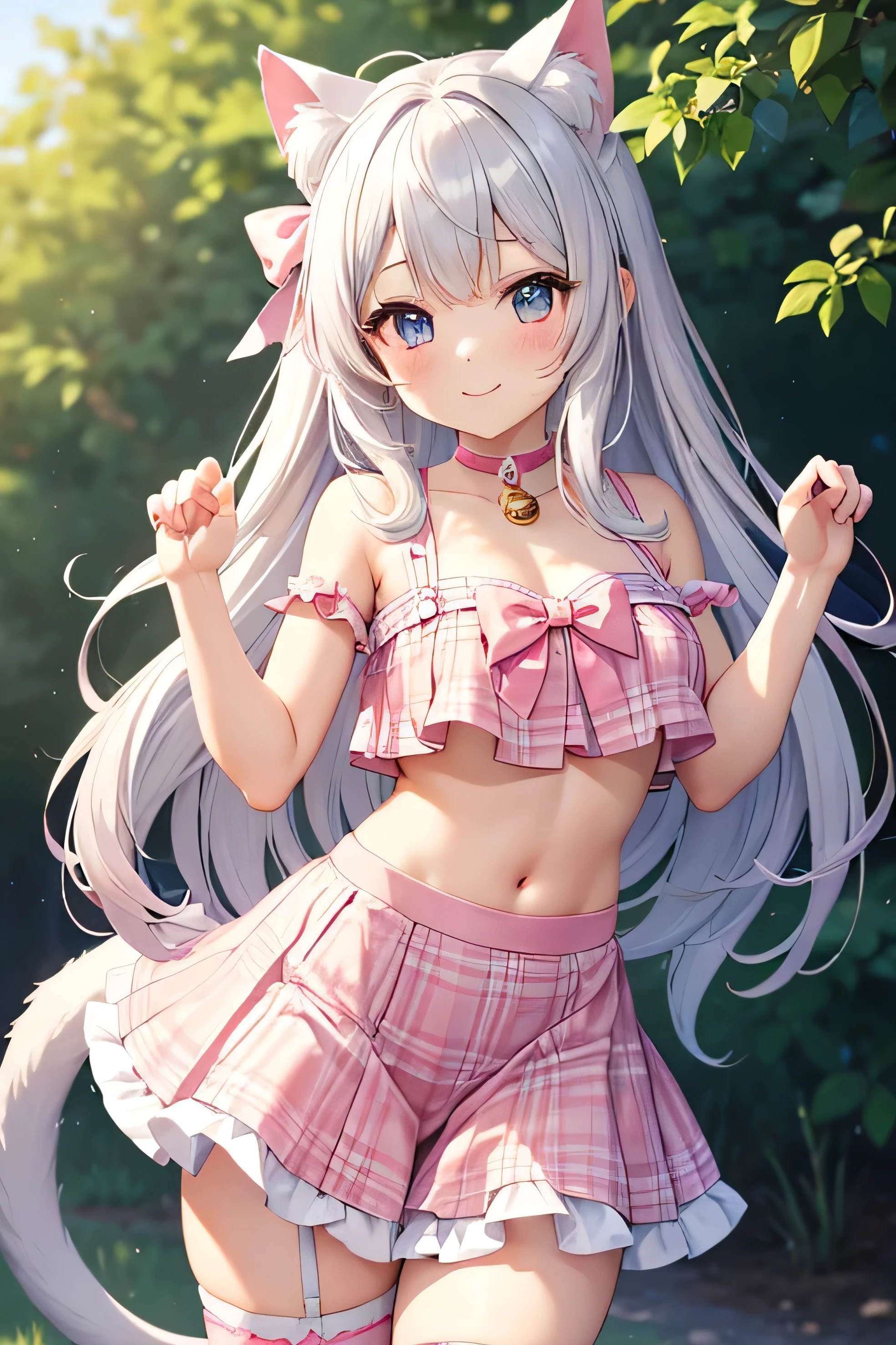 (masterpiece,best quality,ultra-detailed), an anime girl who is cute idol. She has silver white long hair with side swept bangs, midnight blue cute round eyes, ragdoll cat ears and tail, pink bow choker on the left cat ear, pink bow choker with bell on the neck, wearing cute pink crop top, pink and white plaid skirt, pink stocking idol costume, paw pose, smile cutely at the viewer, in a cute background