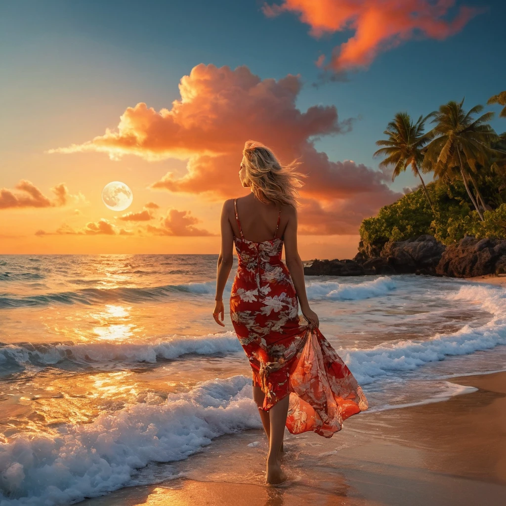 A beautiful tropical island, warm sunset, red clouds, golden reflexions on the sea, waves breaking on a reef, a small blue moon is above, (best quality, 4k, 8k,highres,masterpiece:1.2),ultra-detailed,(realistic,photorealistic,photo-realistic:1.37),HD,sky1,stunning detailed, A blonde woman is walking on the beach, wearing a flowery bright colored dress Slim, big tits, gentle smile,