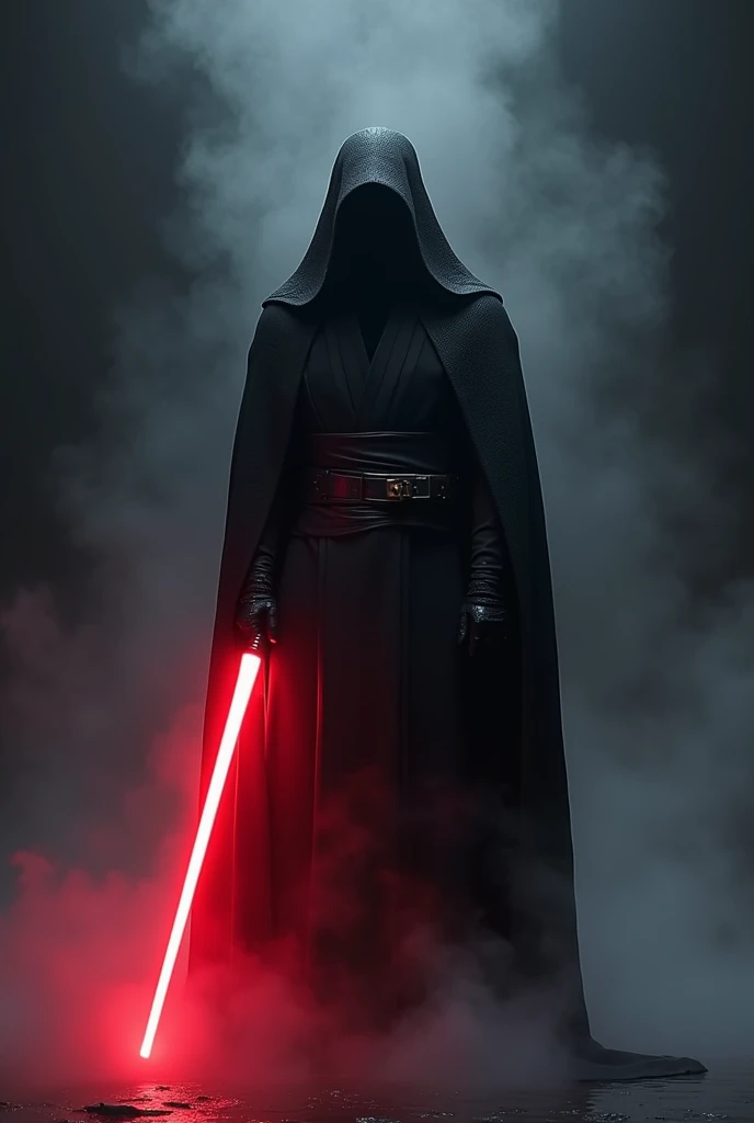 Sith Lord from Star Wars, bowing with both hands together,no Person but anything Else, dark atmosphere, red lightsaber on the cape, scary, frightening, ultra-realistic