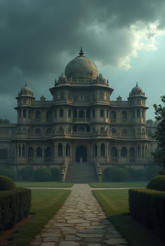 Old indian villa with a wide wall compounds with dark cloudes sky