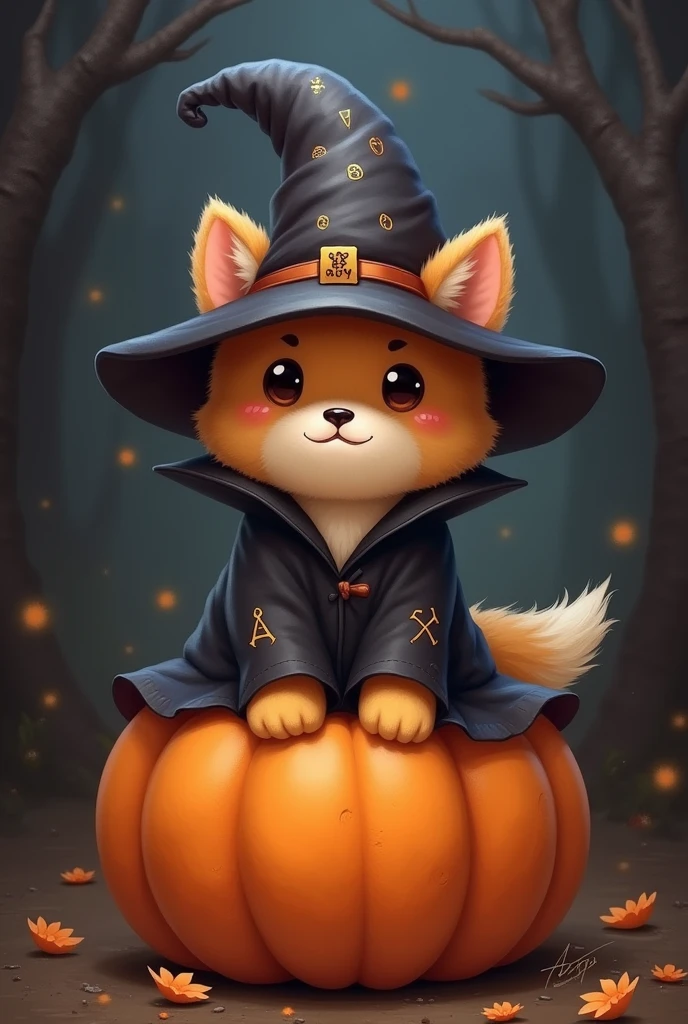 Sanrio,Cartoon witch cinnamon dog,Cinnamon dog wearing a witch hat sitting on a pumpkin,Dark Witch Cinnamon Dog