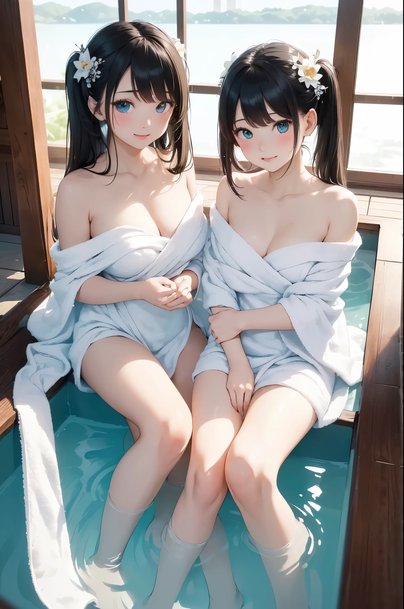 ((masterpiece)), ((highest quality、Ultra high definition)), (Very detailed),((8k、Photo quality))、((Amazingly cute girl))、(****************,)、Two people, , (Beautiful emerald blue eyes), ((smile)),((A luxurious Japanese-style open-air bath at a high-class hotel)), Beautifully arranged black hair in twin tails、Slim Body、(Cute little breasts)、(((They are wearing a white bath towel wrapped around their body.)))、Professional Lighting、(White lace knee-highore detailed and beautiful)、(More details and cutenesore realistic)、((Just wear light clothing))、Frolic in the pool、(Too cute)、(The embodiment of cuteness)、(Godly cuteness)、((Night view))、((It seems visible but it&#39;s not))、