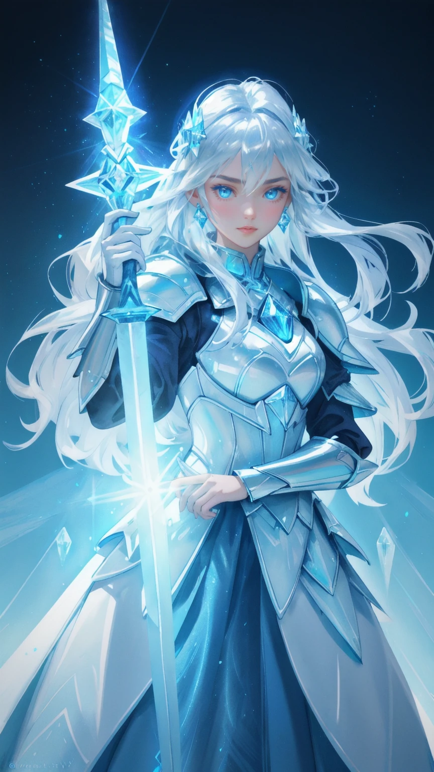 a close up of a beautiful cute girl  in a blue outfit holding a sword, ice crystal armor, water armor, ice lord, iridescence water elemental, this character has cryokinesis, official splash art, master of ice, epic fantasy art style hd, ice mage, sliver ice color reflected armor, armor made of ice, with ice powers with blue background