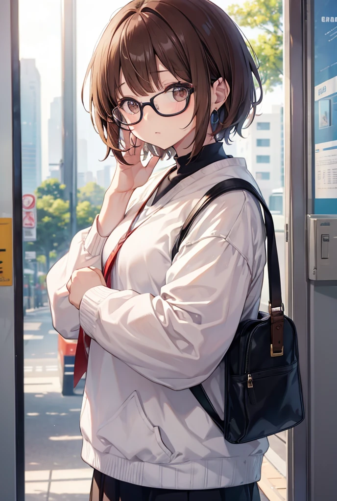 One person, first round、bangs, Brown Hair、short hair、、Dropped ears、Glasses、Chubby、cool