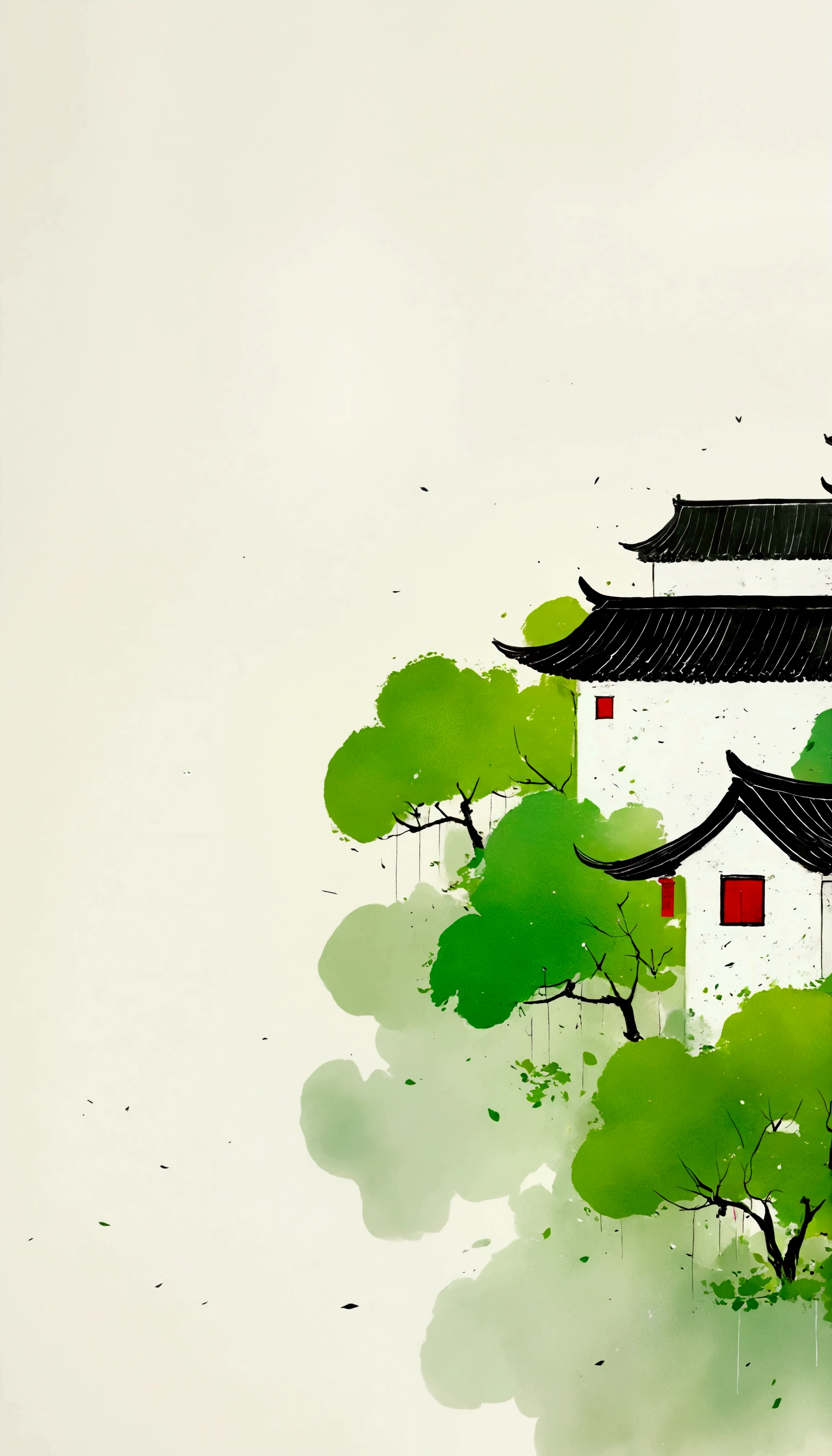 Sky accounts for 3%/4，75%Blank.中国水墨画sketch：Light Ink，Lowercase，sketch，artistic conception:2.point，A small Anhui-style house in a field，Misty Rain，Minimalism，White background。(((Negative Space:2,大面积Blank:2, Bottom left composition)))
