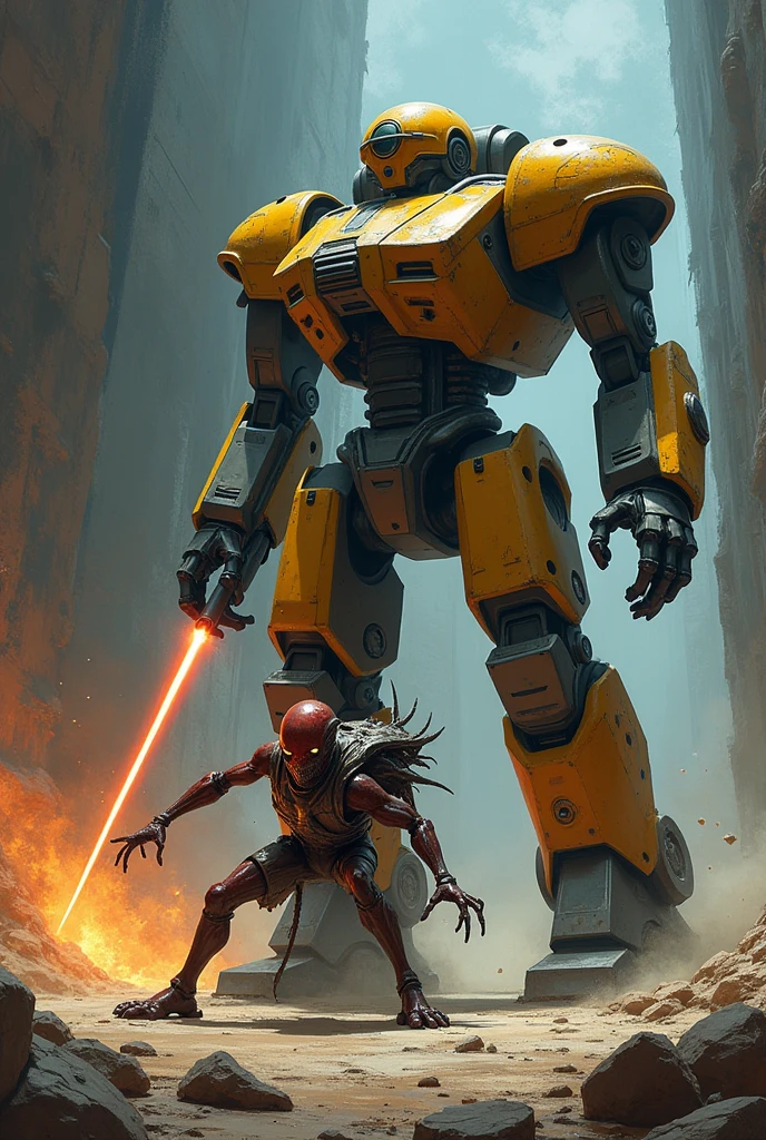 A robot shoots laser beams from its eyes at an alien who is dragged along the ground by its legs, disarmed by the robot's awesome strength. Illustration for the cover of a science fiction book in the style of Robert McGinnis and Frank Frazetta. --ar 61:93 --v 6.1