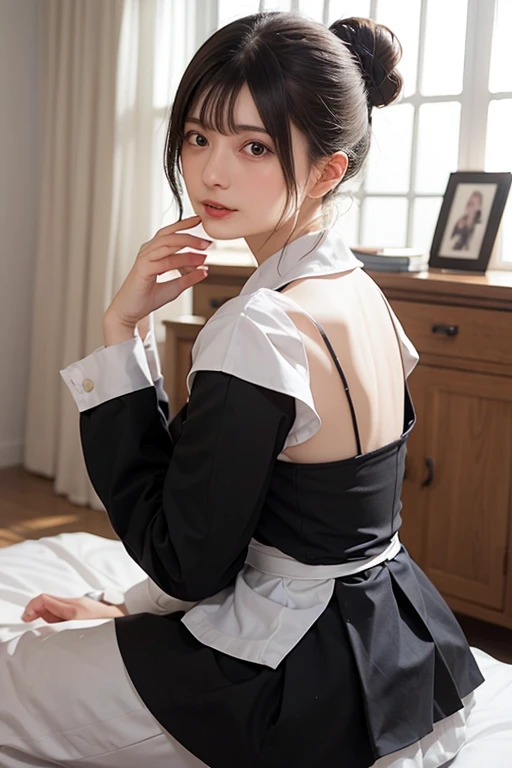 An innocent 20-year-old girl、((maid, Black-haired, apron, maidの頭飾り, Single hair bun, Hair Bun, maidapron, Dramatic Pose)),smile,Modern Room,shortcut、RAW Photos, (8k、Highest quality、masterpiece:1.2)、(Intricate details:1.4)、(Photorealistic:1.4)、Octane Rendering、Complex 3D rendering with ultra-detail, Studio Soft Light, Rim Light, Vivid details, Super Detail, Realistic skin texture, Detailed aspect, Beautiful details in the eyes, Highly detailed CG Unity 16k wallpaper, compensate, (Detailed Background:1.2), Glowing Skin, whole body,Hands close to the face