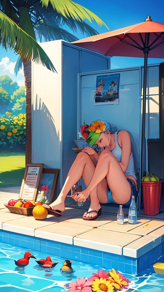 summer,Cool,poster,fruit,swimming pool,Cool,refrigerator,Old wives' summer,Swimming ring,Sun umbrella,Bird's-eye view,Pleasantly surprised,Sunny Beach,No characters。Illustration style,
