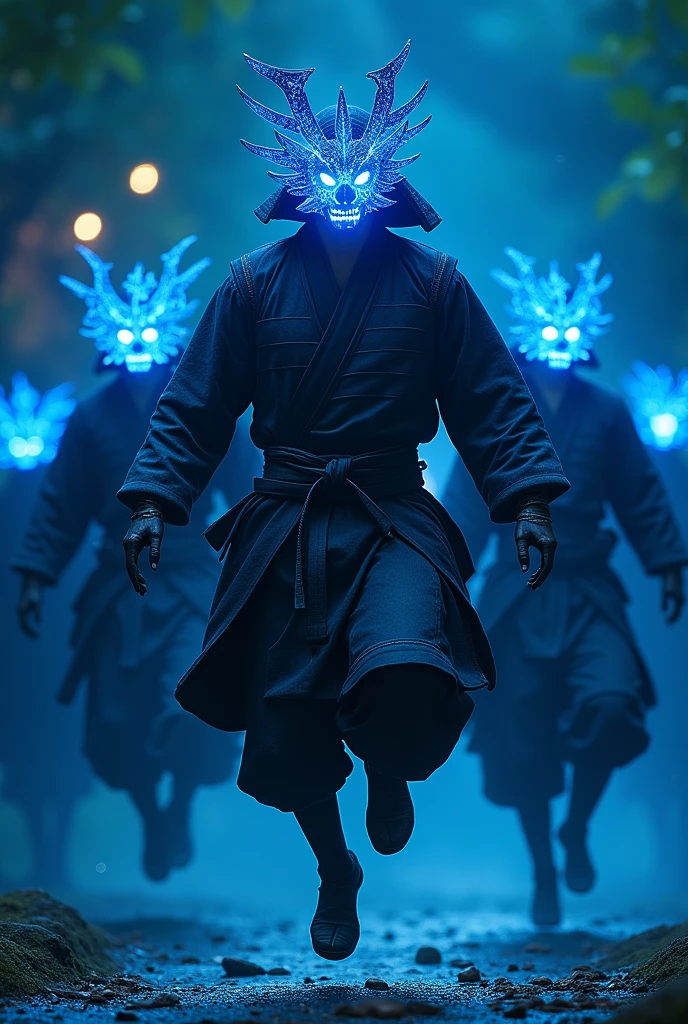 ((Highest quality)), ((masterpiece)), (detailed), Several Samurai、Cute mask、Fantasy、shines light blue、night、Hop on Outfits