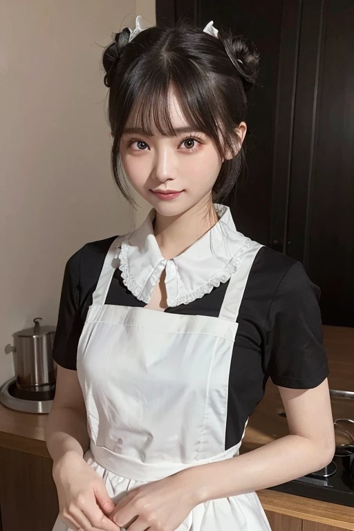 An innocent 20-year-old girl、((maid, Black-haired, apron, maidの頭飾り, Single hair bun, Hair Bun, maidapron, Dramatic Pose)),smile,Modern Room,shortcut、RAW Photos, (8k、Highest quality、masterpiece:1.2)、(Intricate details:1.4)、(Photorealistic:1.4)、Octane Rendering、Complex 3D rendering with ultra-detail, Studio Soft Light, Rim Light, Vivid details, Super Detail, Realistic skin texture, Detailed aspect, Beautiful details in the eyes, Highly detailed CG Unity 16k wallpaper, compensate, (Detailed Background:1.2), Glowing Skin, whole body,Hands close to the face