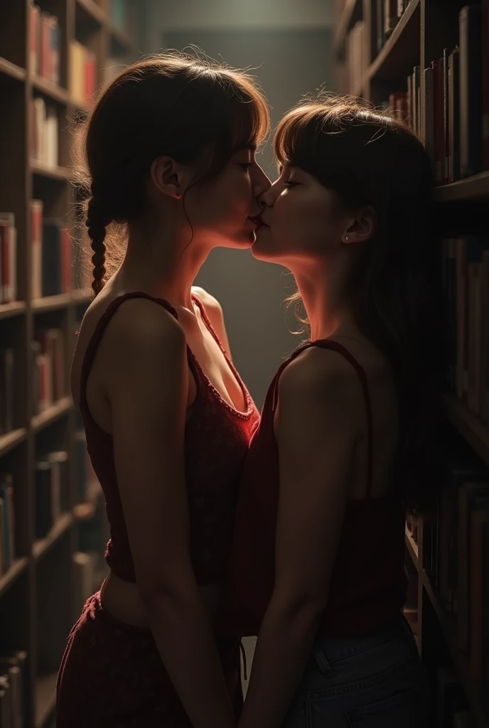 score_9, score_8_up, score_7_up, source_real 1boy, 1girl, mature female is smiling, teacher and student, kid, kiss, student's back against the wall, (student is clinging on teacher), in a dark library, showing whole bodies. Mature female is stripping. The mature female is also raping the small boy.